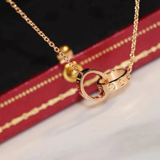 Love Necklace Double Ring, 18K Gold Plated Pendant, Set With Original Box