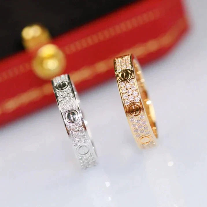 Love Ring 4Mm Diamond Paved, 18K Gold Plated Love Ring with Moissanite Stone