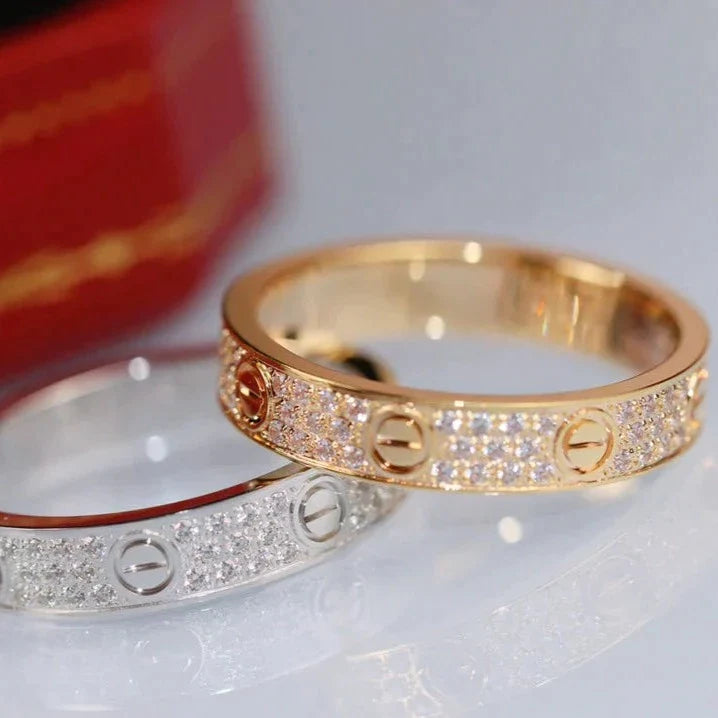 Love Ring 4Mm Diamond Paved, 18K Gold Plated Love Ring with Moissanite Stone