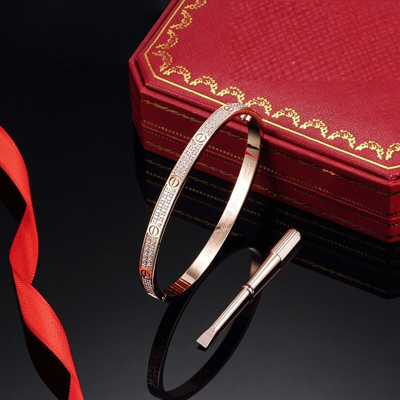 Sterling Silver Love Bracelet 3.65MM Full Diamonds, 18K Gold Plated Love Bracelet, Gift For Her