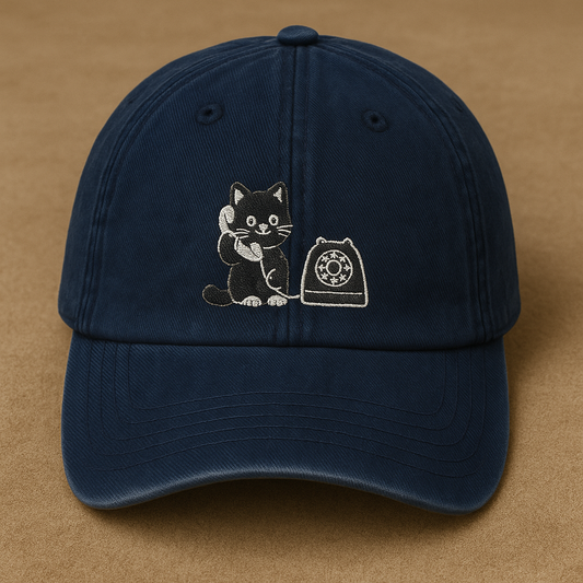 Cute Embroidered Cat and Phone Dad Hat – Vintage Wash Cap or 2-Tone Baseball Cap