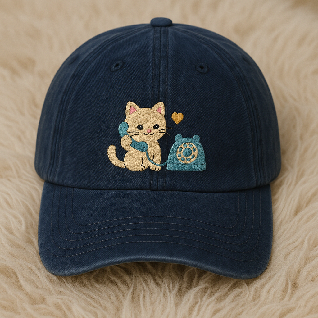 Cute Embroidered Cat and Phone Dad Hat – Vintage Wash Cap or 2-Tone Baseball Cap – Kawaii Kitten Aesthetic Gift for Cat Lovers