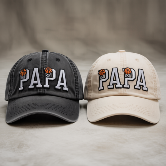 PAPA Embroidered Baseball Dad Hat with Basketball Design – Custom Wash Cap, 2-Tone Cap Gift for Sports Dads, Coaches, or Basketball Fans