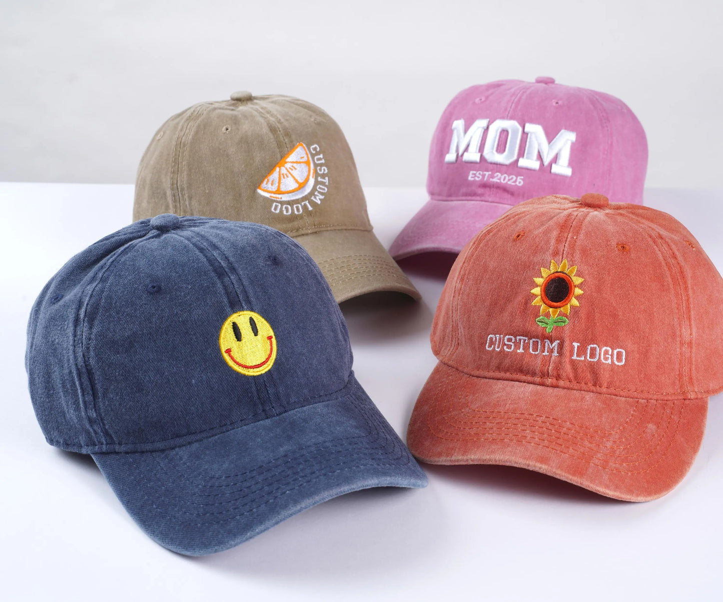 Custom logo embroidered hats, personalized hats, vintage baseball caps, bridal hats, bachelorette party gifts, new mom and dad gifts