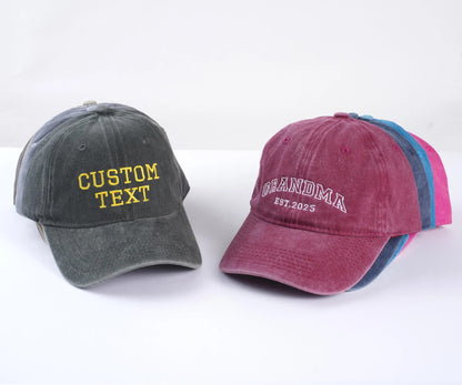Custom logo embroidered hats, personalized hats, vintage baseball caps, bridal hats, bachelorette party gifts, new mom and dad gifts