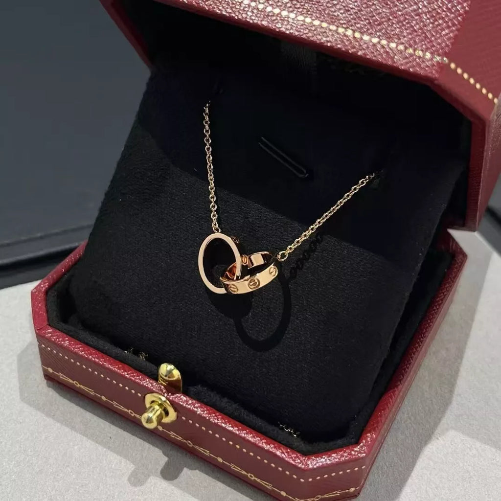 Love Necklace Double Ring, 18K Gold Plated Pendant, Set With Original Box