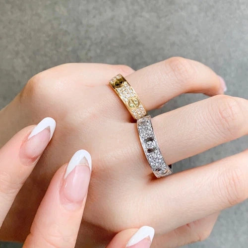 Love Ring 4Mm Diamond Paved, 18K Gold Plated Love Ring with Moissanite Stone