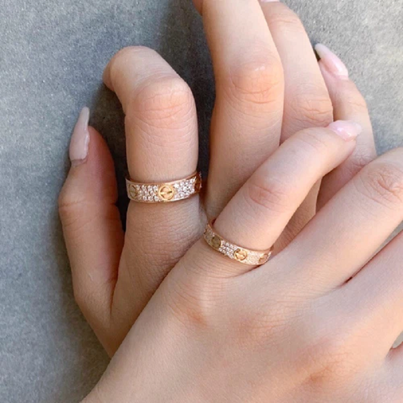 Love Ring 4Mm Diamond Paved, 18K Gold Plated Love Ring with Moissanite Stone